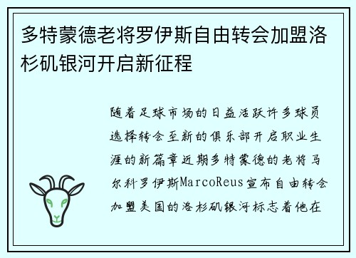 多特蒙德老将罗伊斯自由转会加盟洛杉矶银河开启新征程 多特蒙德老将罗伊斯自由转会加盟洛杉矶银河开启新征程
